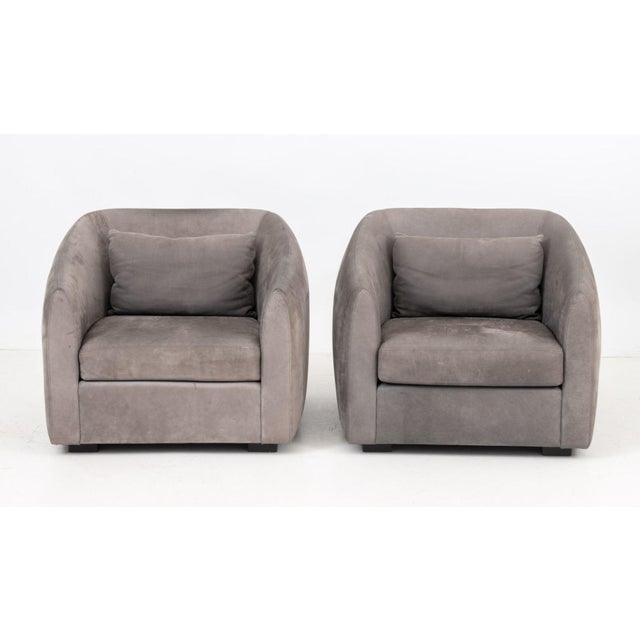 Pair of Modern Style Gray Suede Tub Chairs, with cushions. 30" H x 31.5" W x 35" D; seat: 16.5" D. Provenance: From a 157...