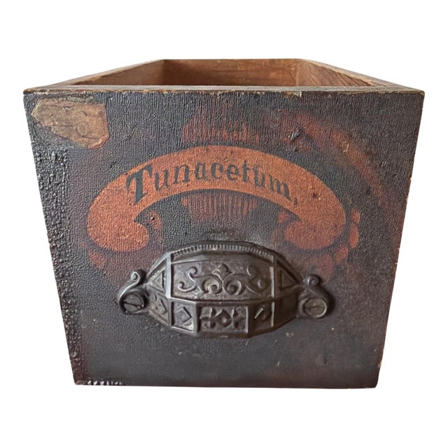 Antique Apothecary Drawer – Tunacetum Label – Original Hardware – Dovetail Construction – Primitive Pharmacy Storage For Sale