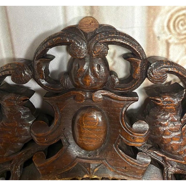 Wood Set of 6 Antique Jacobean Hunt Chairs in Heavily Carved Oak With Cognac Leather For Sale - Image 7 of 18