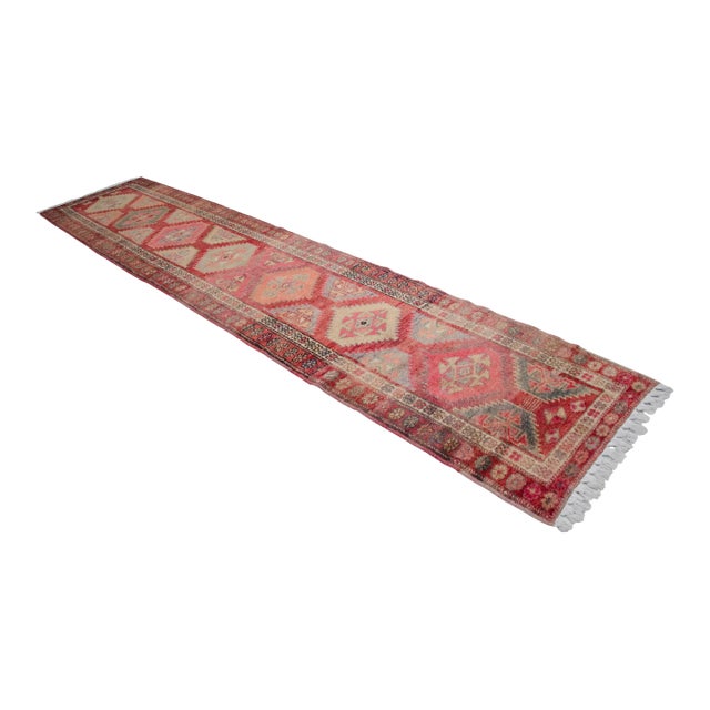 Hand-Knotted Turkish Rug Runner Extra Long Hallway Decor - 3′1″ × 13′9″ For Sale