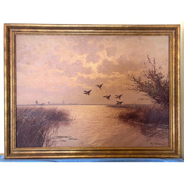 Impressionist Mid Century Oil on Canvas of Canadian Geese in the Sunset by Fritz Martens For Sale - Image 3 of 10