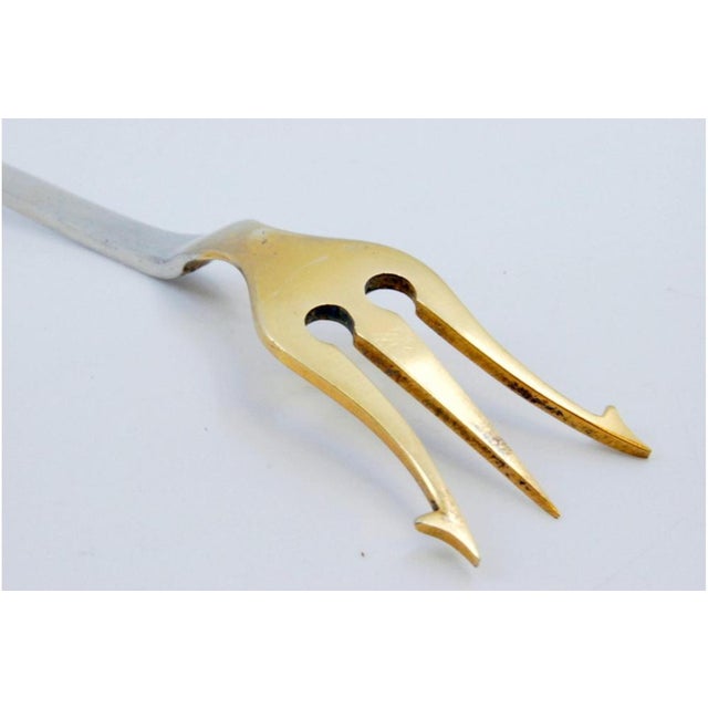 Metal Silver Serving Fork with Three Golden Tines and Stripes For Sale - Image 7 of 9