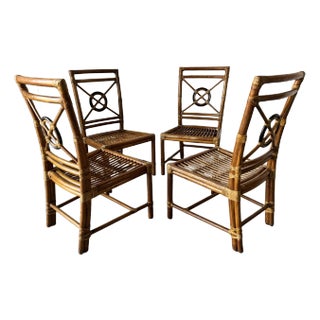 McGuire Target Back Rattan & Leather Dining Chairs - Set of 4 For Sale