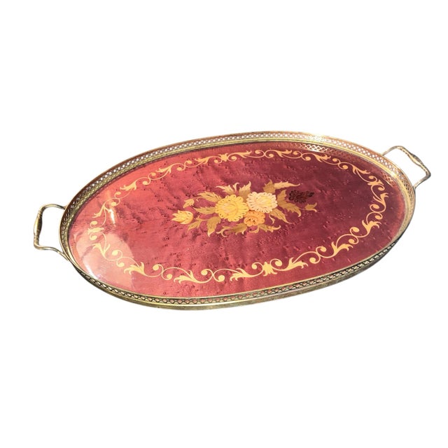 1970s MCM Italian Marquetry Inlaid Wood Floral Design Serving Tray For Sale - Image 5 of 7