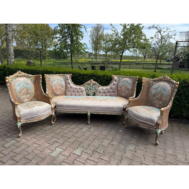 Wood 1940 French Louis XVI Pastel Cane Sofa Set - 5 Pc For Sale - Image 7 of 18
