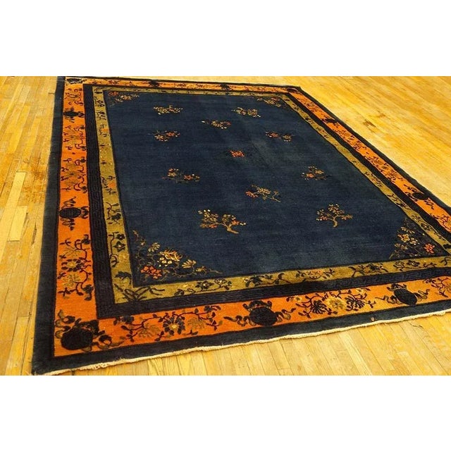 Art Deco 1920s Navy Blue Floral Art Antique Chinese Peking Rug 9'0" X 11'6" Knotted Wool Carpet For Sale - Image 3 of 9