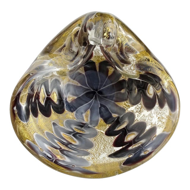 Vintage Murano Barovier Toso Gray Purple Gold Flecks Italian Art Glass Decorative Ashtray Bowl For Sale