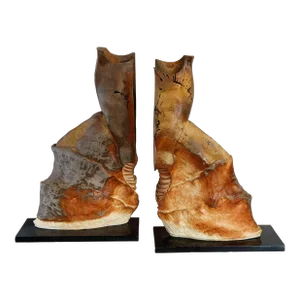 Mid-Century Hand Thrown and Coiled California Studio Pottery Brutalist Sculptures Mounted on Granit, a Pair