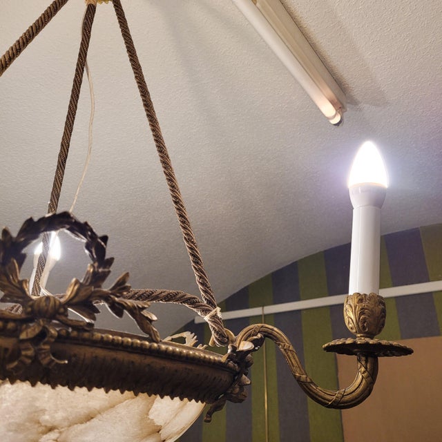 Early 20th Century Art Nouveau Ceiling Lam in Alabaster and Gilt Bronze, France, 1930s For Sale - Image 13 of 18