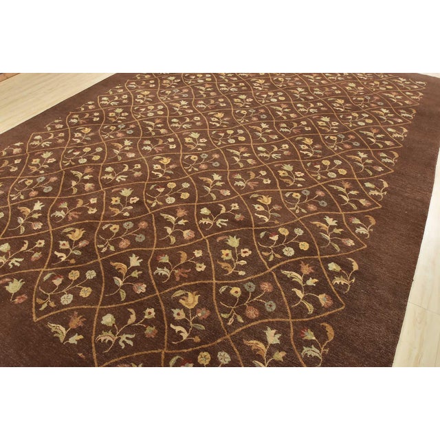 Farmhouse Aubusson Rug 9’11” X 13’5” Brown Wool Traditional Hand-Knotted Oriental Carpet For Sale - Image 3 of 15