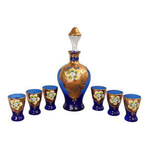 Mid 19th Century European Cobalt Blue & Gilt Enamel Glass Decanter Set With Six Cordial Glasses