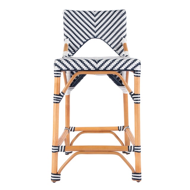 Spritely Home Accent Furniture Creanly 25.25 in. Seat Height Rattan Counter Stool with Back and Footrest, White/Navy Dot / Natural Rattan Frame For Sale - Image 4 of 8
