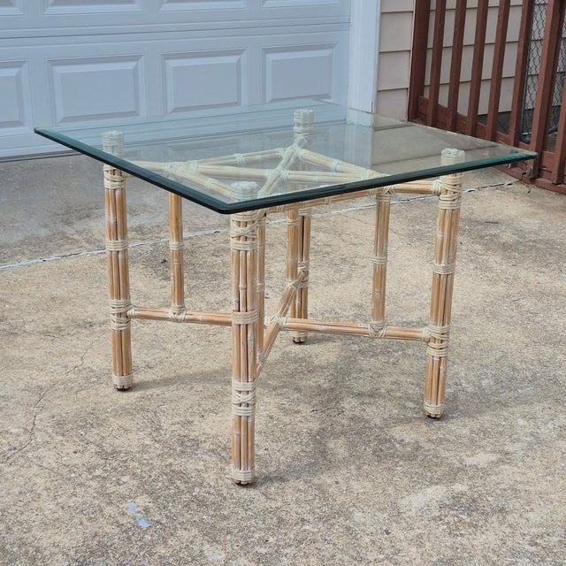 1970s McGuire Attributed Organic Modern Square Glass Top Rattan Rawhide Base Dining Table For Sale - Image 13 of 13