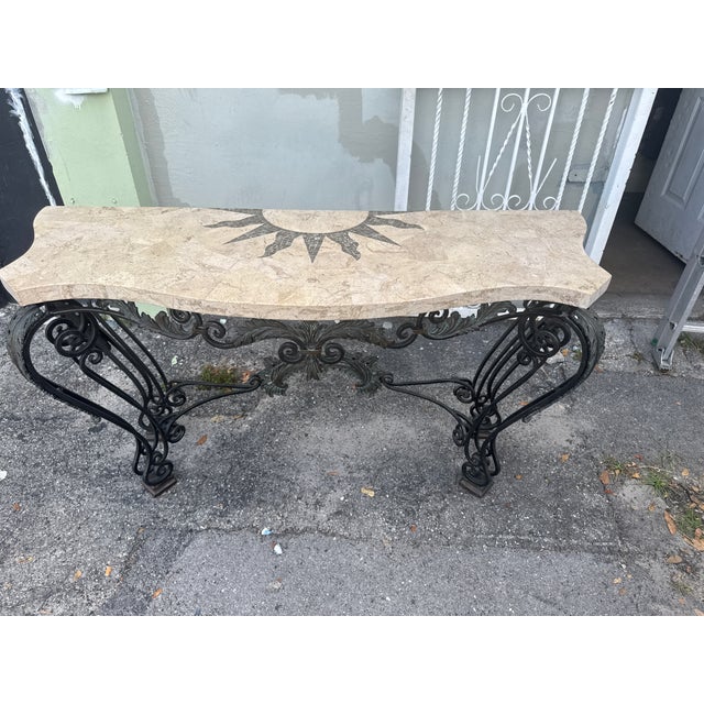 1990s Vintage Maitland Smith Smith Wrought Iron Console W Composite Stone Top For Sale - Image 5 of 13