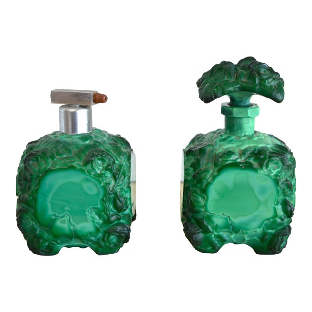 1935 Boho Chic Czech Schlevogt Ingrid Malachite Glass Scent Perfume Bottles, Set of 2 For Sale