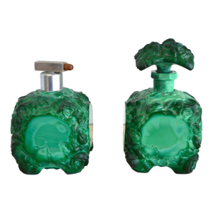 1935 Boho Chic Czech Schlevogt Ingrid Malachite Glass Scent Perfume Bottles, Set of 2