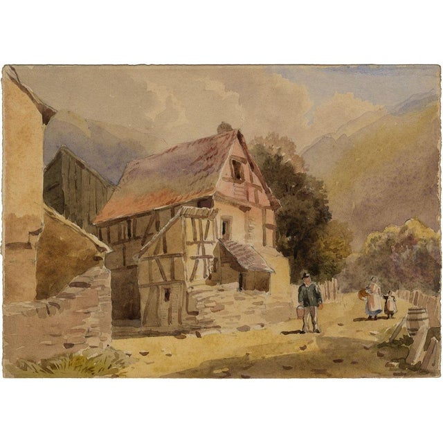 An original late 19th-century watercolour painting, Charles W. Fothergill, Continental House with Figures.A lovely...