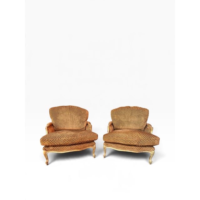 Custom-Made Louis XV–Style Giltwood Bergère Chairs in Diamond-Patterned Velvet (A Pair) For Sale - Image 4 of 14