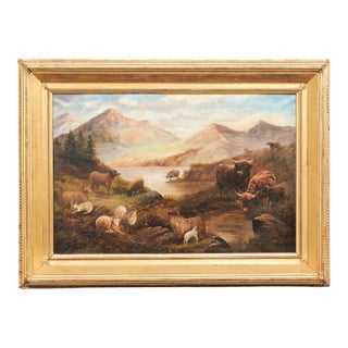19th C. English Landscape W/Highland Cattle - Signed For Sale