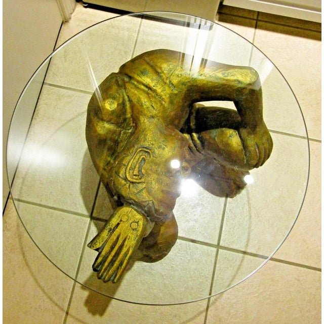 Asian Vintage Gilded Carved Wood Asian Figural Side Table With Glass Top Circa 1980s For Sale - Image 3 of 15