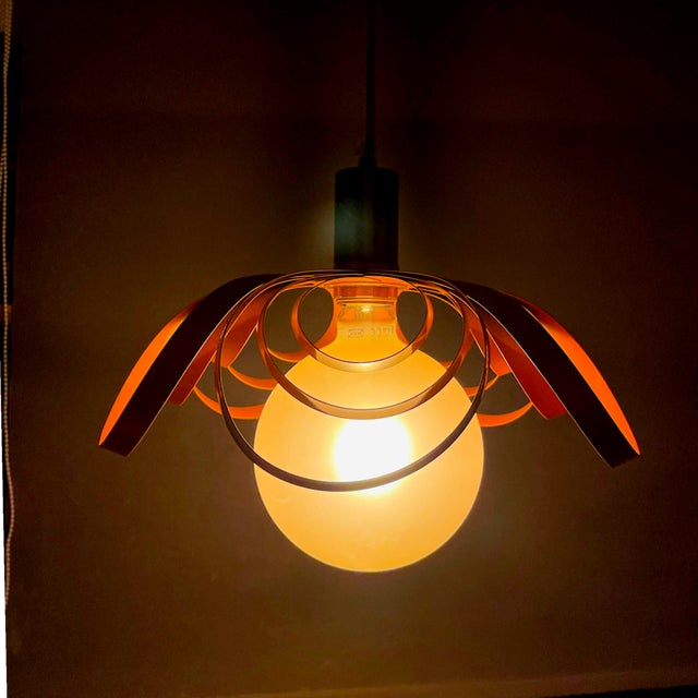 Modernist French Orange Metal Ribbon Hanging Lamp, 2000s For Sale - Image 10 of 14
