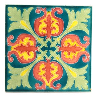 1901-02 English Art Nouveau Ceramic Majolica Glazed Tile Floral, Lilies For Sale