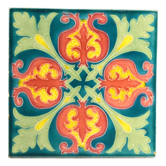1901-02 English Art Nouveau Ceramic Majolica Glazed Tile Floral, Lilies For Sale