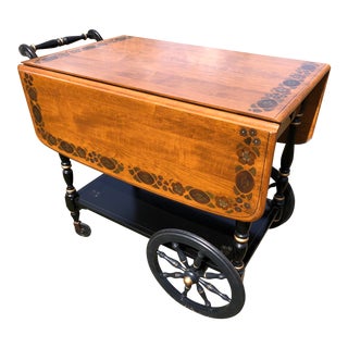 Ethan Allen Hitchcock Style Stenciled Black Maple Tea-Bar Drop Leaf Rolling Cart For Sale