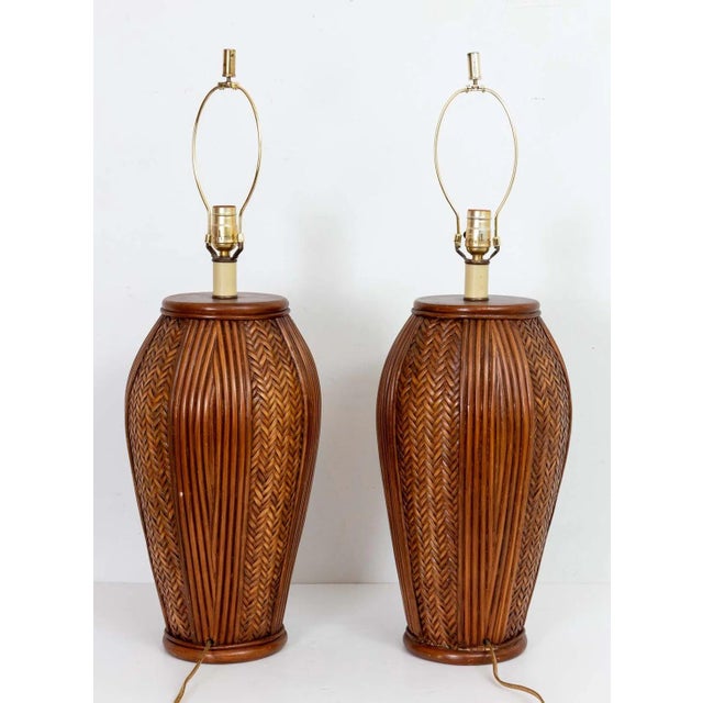 Pair of Tall Mid Century Rattan Lamps For Sale - Image 4 of 6