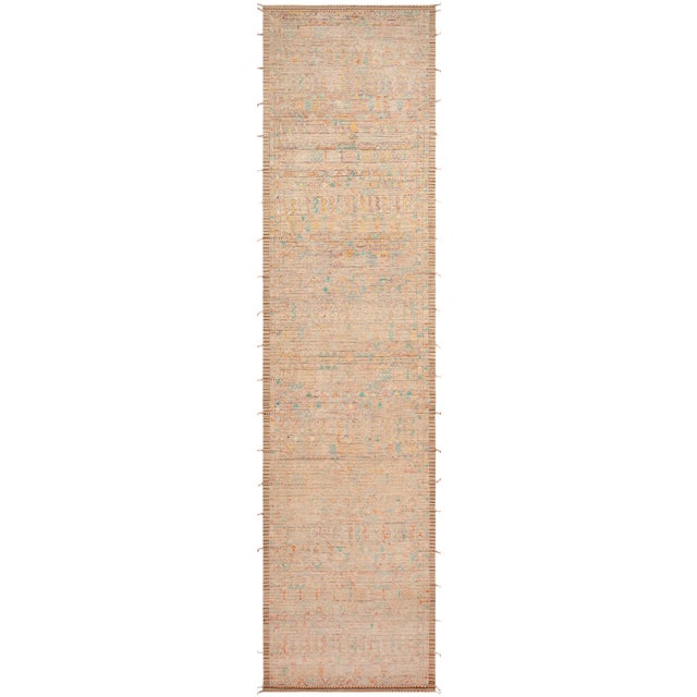 Stunning Modern Desert Glow Runner Handwoven Soft Beige with Sunny Teal and Saffron Accents Rug, Country of origin:...