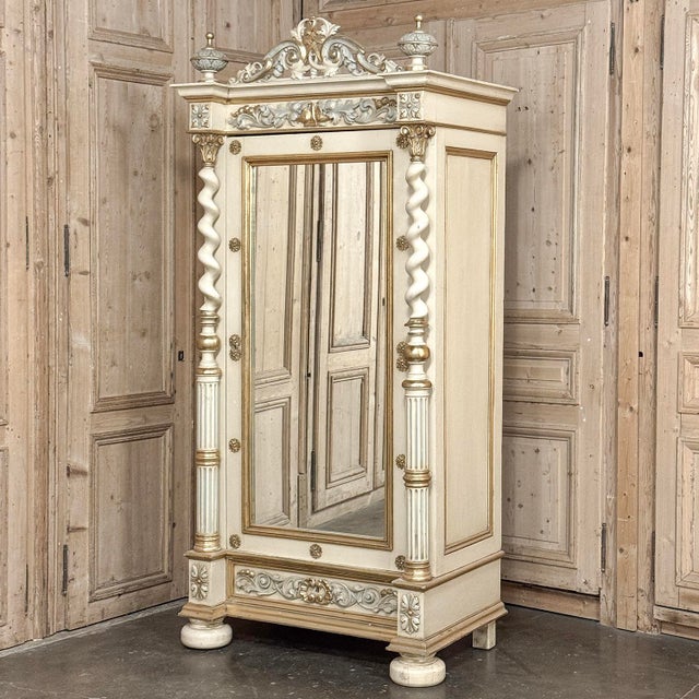 Renaissance 19th Century French Renaissance Revival Painted Mirrored Armoire With Barley Twist Columns For Sale - Image 3 of 18