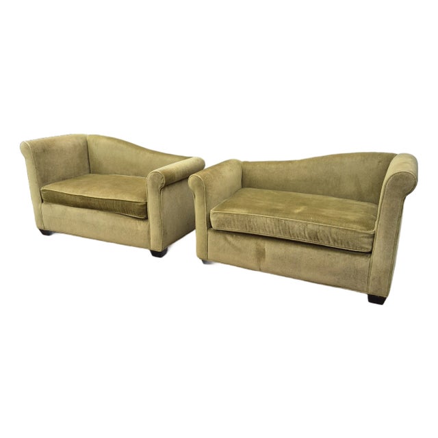 Late 20th Century Flexsteel Olive Velvet Left & Right Chaises Settees Love Seats - A Pair For Sale