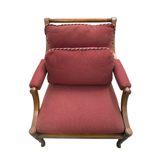 Quick Hits: - Late 20th-Century Oversized Red Armchair - Bold red upholstery with a textured, checkered pattern - Sturdy...