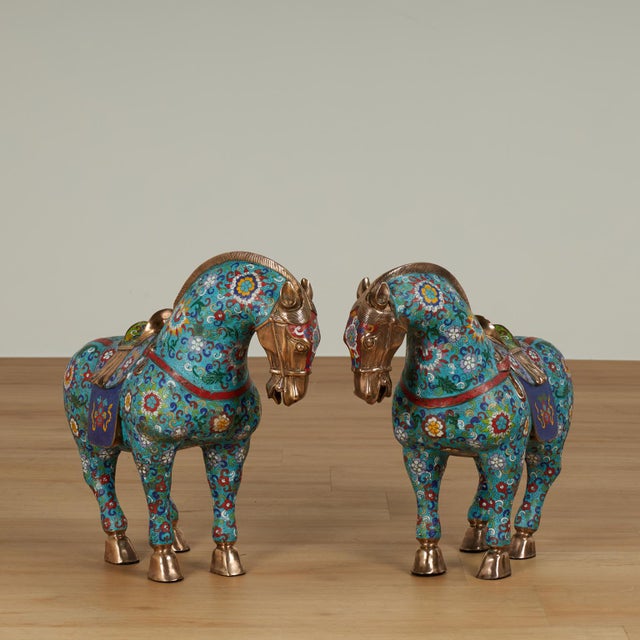 Chinese Pair of Vintage Chinese Cloisonne Horses For Sale - Image 3 of 18