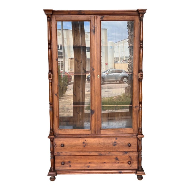 20th Century Large Cupboard or Bookcase with Glass Vitrine, Pine, Spain Restored For Sale
