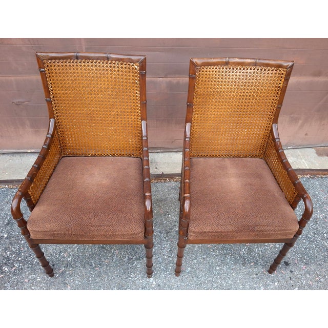 Brown Palecek Hollywood Regency Style Double Cane Upholstered Armchairs For Sale - Image 8 of 18
