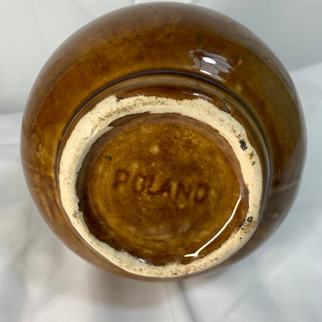 Vintage Pottery Pitcher Vase With Shiny Brown Glaze Made in Poland For Sale - Image 4 of 7