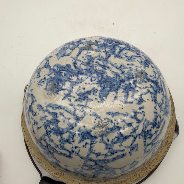 Ceramic 19th C. Antique Blue Spongeware Stoneware Bowl W/ Wire Bale Wooden Handle For Sale - Image 7 of 12
