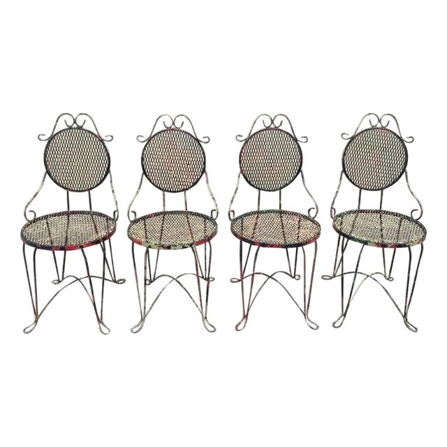 Vintage Victorian Style Small Wrought Iron Camo Paint Garden Patio Chair - Set 4 For Sale