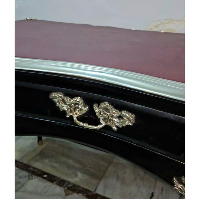 French French Louis XV Writing Desk With Burgundy Top & Ornate Bronze Mounts & Silver Leaf For Sale - Image 3 of 6