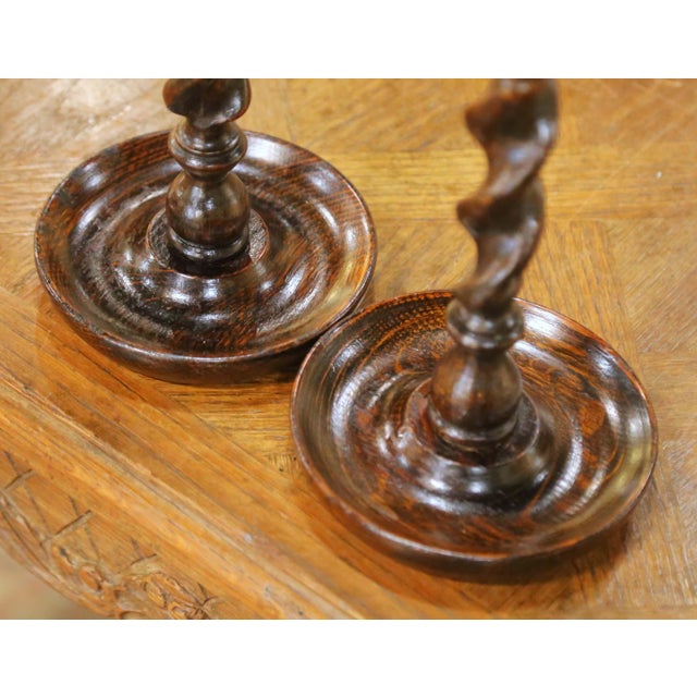 Pair of Early 20th Century English Oak and Brass Barley Twist Candlesticks For Sale - Image 4 of 8
