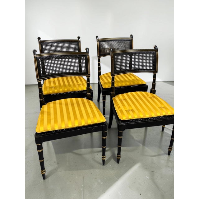 Late 20th Century Set of Six Baker Furniture Regency Ebonized and Parcel Gilt Cane Dining Chairs For Sale - Image 9 of 14