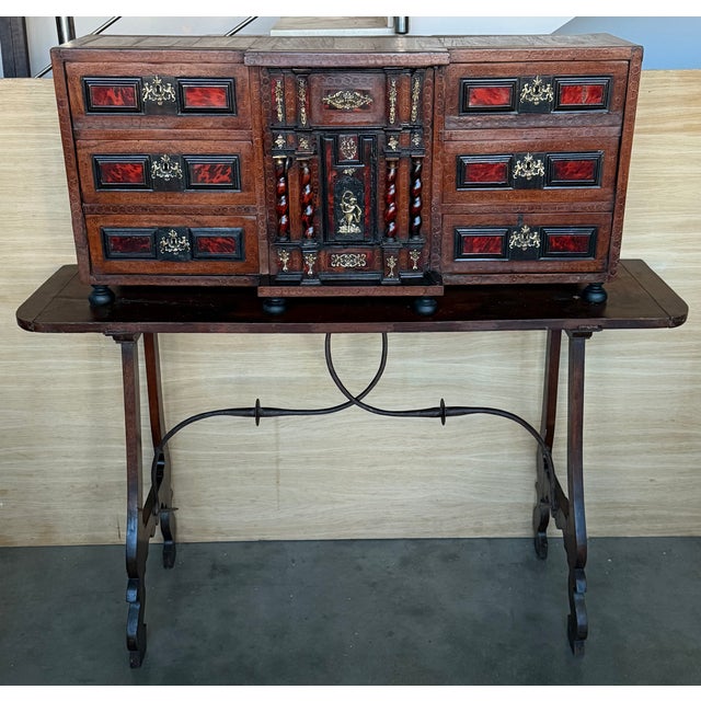 Early 19th Century Spanish Walnut Bargueño Cabinet on Stand With Iron Stretcher For Sale - Image 4 of 17