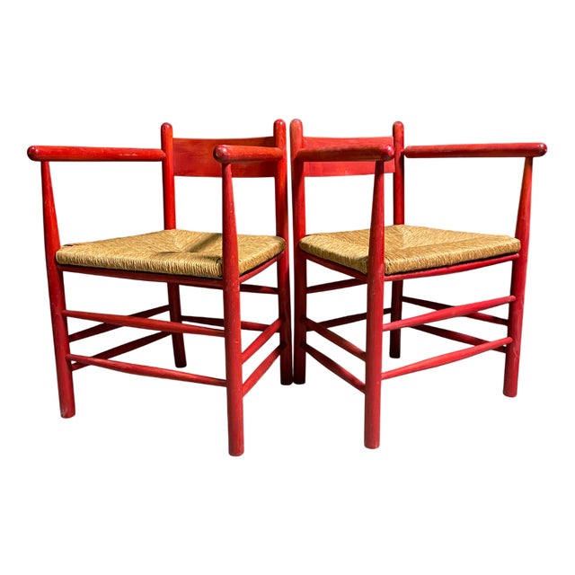 French Straw Seat Armchairs, 1970s, Set of 2 For Sale