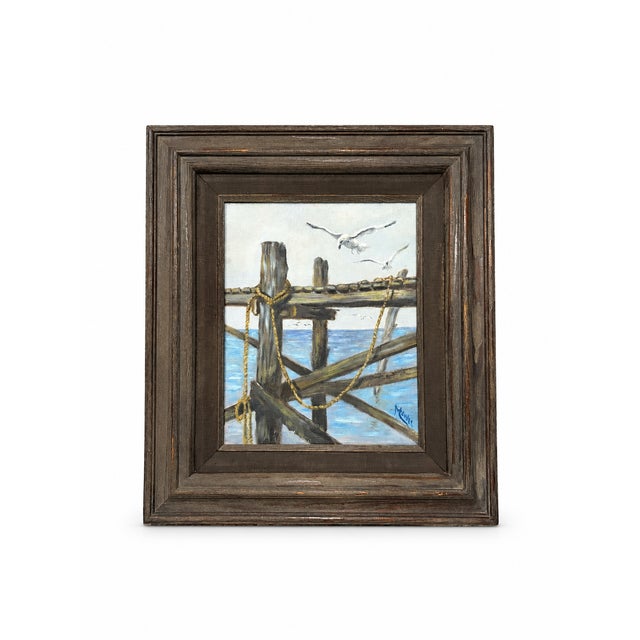 1970s Original Nautical Ocean Oil Painting - Seagulls & Sea Pier Pilings in Wood Frame For Sale - Image 11 of 11