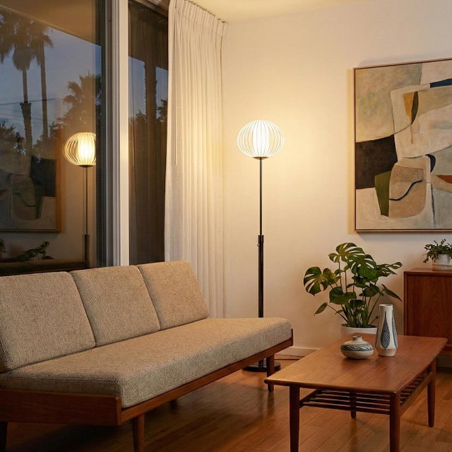 Nova of California Bloom Torchiere Floor Lamp, 1970s - Black Nickel, Black Marble Base, White Satin Shade, Dimmer For Sale - Image 4 of 8