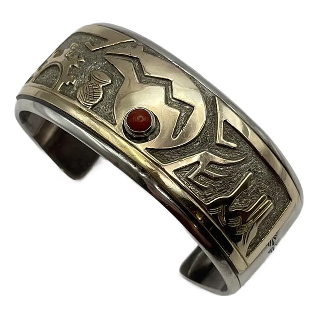 1970s Sterling Silver & Gold Native American Navajo Story Teller Cuff Bracelet For Sale