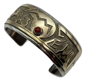 1970s Sterling Silver & Gold Native American Navajo Story Teller Cuff Bracelet