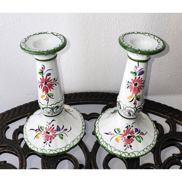 1980s Vintage Portugal Floral Ceramic Candle Holders - A Pair For Sale - Image 5 of 8