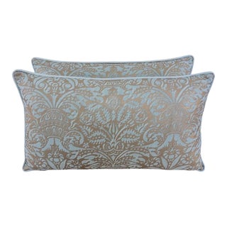 Custom Aquamarine & Gold Fortuny Lumbar Pillows For Sale